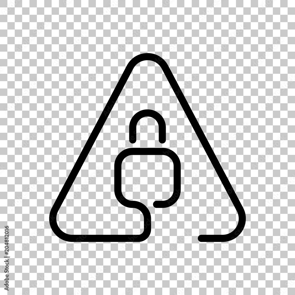 Poster lock in warning triangle. linear icon with thin outline. one line style. on transparent background.