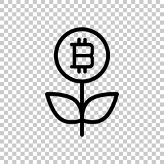 Money flower with bitcoin. Money tree. Linear icon with thin outline. On transparent background.