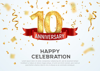 10 years anniversary vector banner template. Tenth year jubilee with red ribbon and confetti on white background
