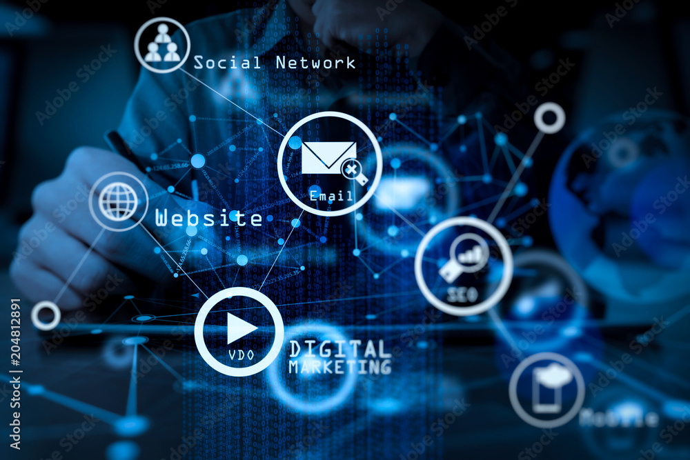 Aufkleber businessman hand working with modern technology digital tablet computer and digital layer effect