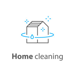 Fototapeta premium Home cleaning services, plumbing repair logo, house hygiene, vector linear icon