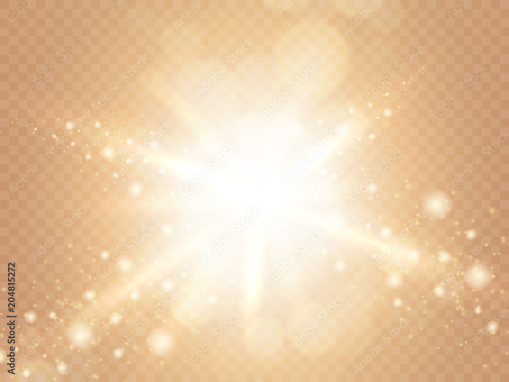 Aufkleber Abstract light effect isolated on soft warm transparent background. Rays of light with luminous dots. Glittering elements of dust with bokeh. Vector 3d illustration.
