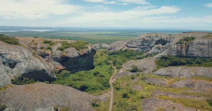 Aerial shot of Pungo Andongo stones in Malanje, Africa, Angola.