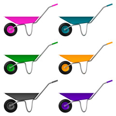 Набор одноколесных садовых тачек с разноцветными кузовами и ручками, векторный рисунок на белом фоне
