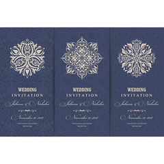 Wedding invitation cards  baroque style blue and beige. Vintage  Pattern. Retro Victorian ornament. Frame with flowers elements. Vector illustration.