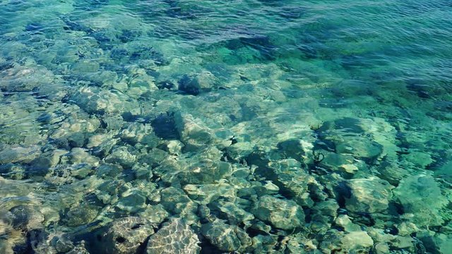 Clear blue sea water with stones as background 4K
