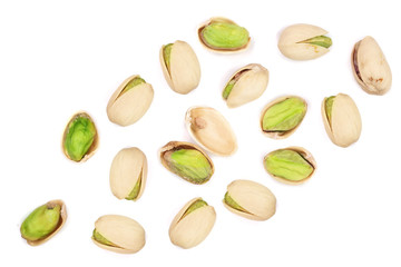 Pistachios isolated on white background, top view. Flat lay pattern