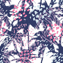 Beautiful trendy seamless pattern with palm, tropical plants and hand drawn textures. Modern abstract design for paper, wallpaper, cover, fabric and other users. Vector illustration.