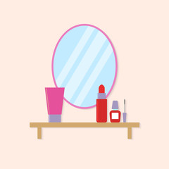 Cosmetics on the table near the mirror in the bathroom. Vector illustration .