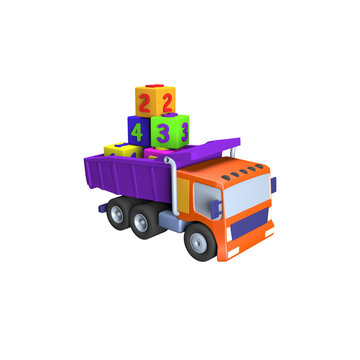 3D of toy truck , toy blocks pyramid of colorful cubes, illustration on a white background
