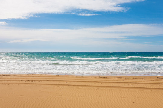Sea with sandy beach at lake Korission, in Corfu, Greece
