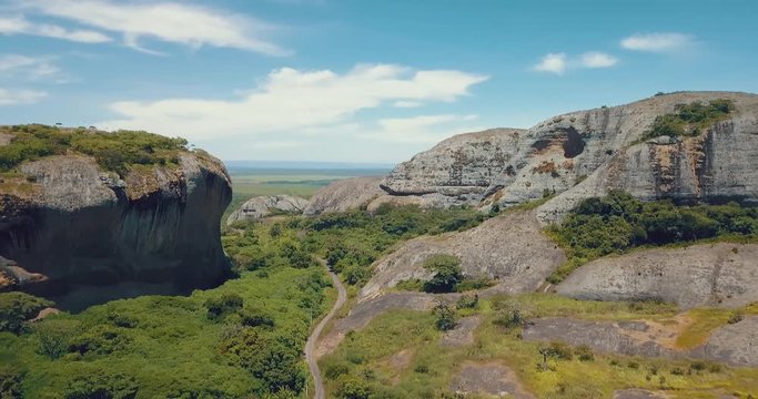 Aerial shot of Pungo Andongo stones in Malanje, Africa, Angola.
