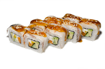 Japanese seafood sushi , roll on a white background