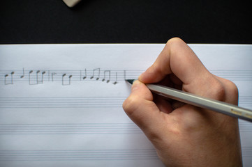 Close-up view of the female's hand writing music notes in the empty sheet music. The concept of the...