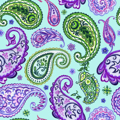 Seamless paisley pattern, watercolor illustration. Traditional ornament, buta, oriental patterns.