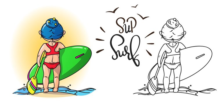 Stand Up Paddle Surfing illustration, a Girl with a board and a paddle, vector image