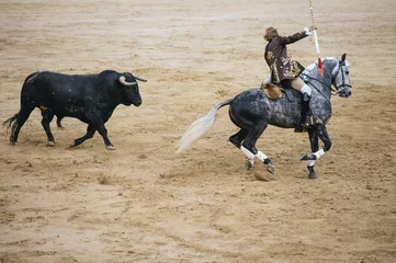 Papier Peint photo Tauromachie Corrida. Matador and horse Fighting in a typical Spanish Bullfight