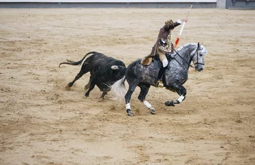 Crédence de cuisine en verre imprimé Tauromachie Corrida. Matador and horse Fighting in a typical Spanish Bullfight