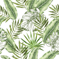 Grüne Banane, Monstera-Palmenblätter mit weißem Hintergrund. Vektor nahtlose Muster. Tropische Dschungellaubillustration. Exotische Pflanzen grün. Blumenmuster am Sommerstrand. Paradiesische Natur.
