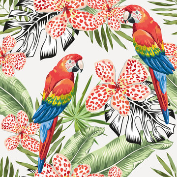 Red macaw parrots and green banana palm leaves, flowers background. Vector floral seamless pattern. Tropical jungle foliage illustration. Exotic plants greenery. Summer beach design. Paradise nature.