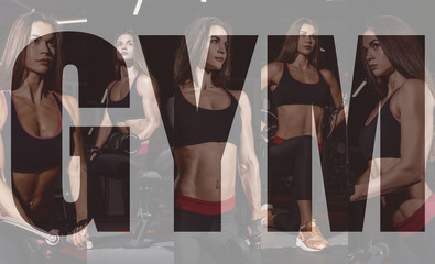 Athlete girl in sportswear working out and training her arms and shoulders with exercise machine in gym. Collage of photo.