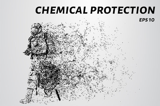 Chemical protection from particles. A man in chemical defense consists of dots and circles.