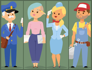 People different professions vector illustration. Success teamwork diversity human work lifestyle. Standing successful young professions person character in uniform