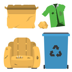 Recycling garbage vector trash bags tires management ecology industry garbage utilize concept waste sorting illustration.