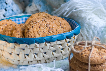 Cookies with sesame and sunflower seeds on plaid. Healthy eating