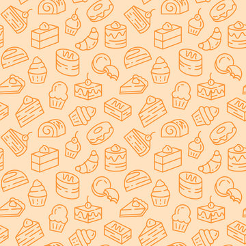 Baked desserts related seamless pattern with cakes, biscuits and pie in line art with editable stroke.