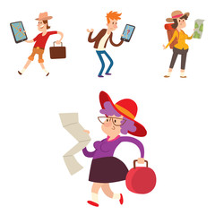 Traveler people searching right direction on map vector traveling freedom and active character lifestyle concept illustration.