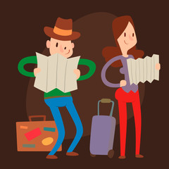 Traveler people searching right direction on map vector traveling freedom and active character lifestyle concept illustration.