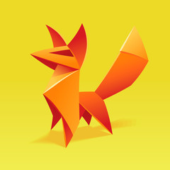 Vector origami cute Fox. Paper geometric abstract symbol of animal on yellow background