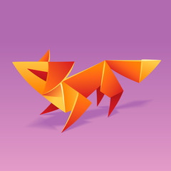 Vector origami cute Fox. Paper geometric abstract symbol of animal on pink background