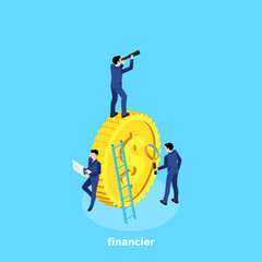 men in business suits and a large gold coin, isometric image