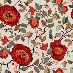 Dekokissen Colorful floral pattern. Vector wallpaper with big illustration flowers. Hand drawn plants, roses © sunny_lion