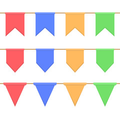 Set of garlands with celebration flags chain, yellow, blue, red, green pennons on white background for decoration