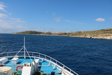 Ferry trip to Gozo Island of Malta, view to Mgarr at Mediterranean Sea