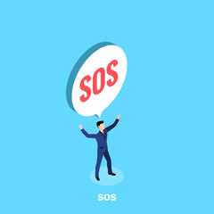a man in a business suit and a message icon with an SOS inscription, an isometric image