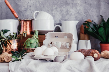 Still life in Rustic style . Fresh eggs on linen table. Organic eco farm products