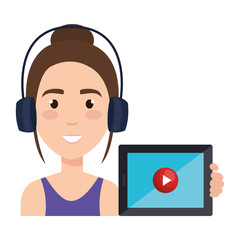 beautiful woman with headset and tablet avatar character vector illustration