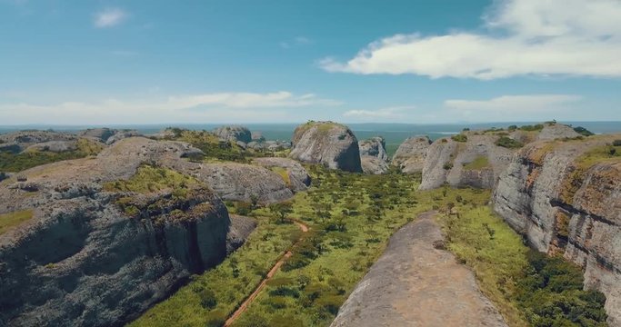 Aerial shot of Pungo Andongo stones in Malanje, Africa, Angola.