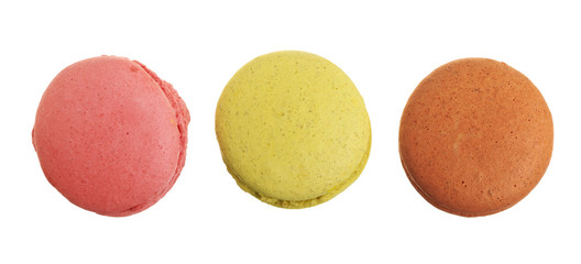 colored macaroons isolated on white background without a shadow closeup. Top view. Flat lay