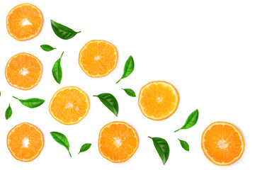 Slices of orange or tangerine with leaves isolated on white background with copy space for your text. Flat lay, top view