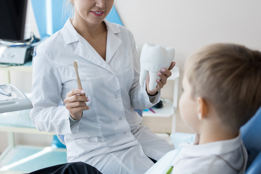 Mid section portrait of female dentist holding toothbrush and tooth model explaining oral hygiene rules to little boy sitting in dental chair
