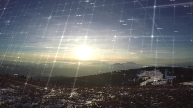 Futuristic digital communication network animation on sunny mountain landscape. 