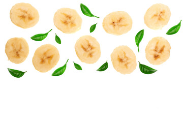 banana sliced decorated with green leaves isolated on white background with copy space for your text. Top view. Flat lay