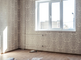 messy empty room while repairing house panorama view