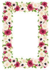 Vector background frame with red, pink and white roses, lisianthuses and anemone flowers.