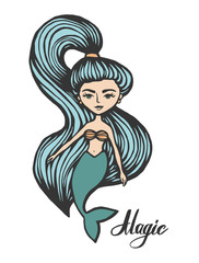 Mermaid with long hair. Hand-Drawn summer Doodle. Vector Illustration cartoon character. Young girl. vector illustration for t shirt printing and embroidery.